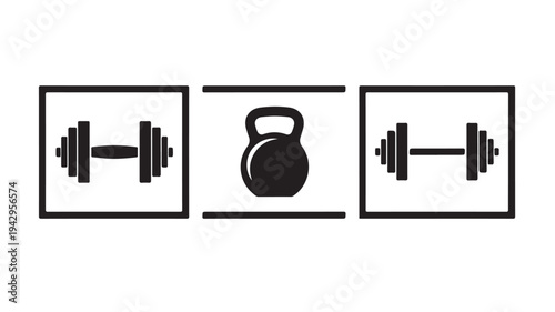 Black and white dumbbells and kettlebell icons in square frames for fitness branding