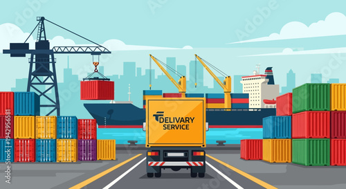 Illustration of a delivery truck driving through a bustling shipping yard with colorful containers and cranes.