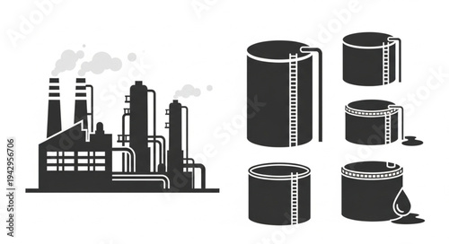 Industrial factory and storage tanks illustration.