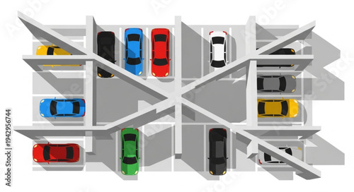 Aerial View of a Modern Parking Garage with Colorful Cars.