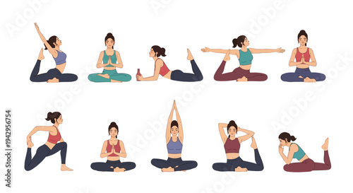Flat illustration of women performing various yoga poses on a white background