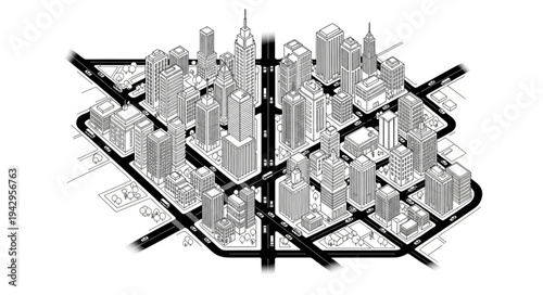 Aerial view of a bustling city center with skyscrapers and roads.