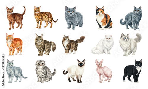 Set of various cat breeds for International Cat Day