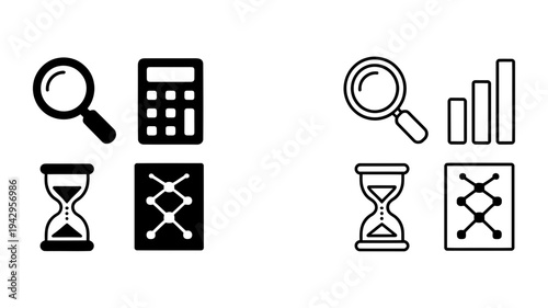 Four essential business icons representing analysis, calculation, time management, and data connection in both solid and outline styles.