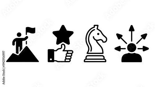 A diverse set of solid icons representing achievement, positive feedback, strategic thinking, and network decentralization.