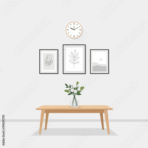 Minimalist living room decor: wall art, clock, and coffee table with plant
