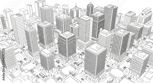 Abstract Cityscape Illustration with Geometric Buildings and Structures.