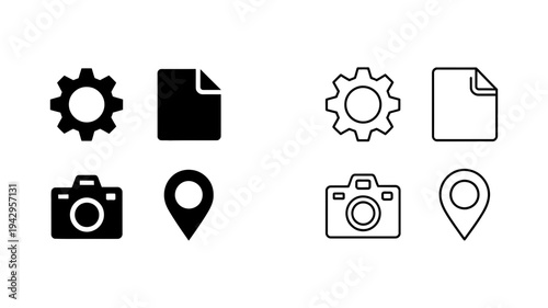 Essential digital and physical location icons showcasing settings, files, cameras, and map pins.