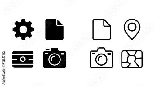 A modern compilation of essential digital tools including a gear, document, camera, and map.