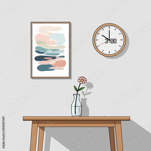 Minimalist wall decor: abstract art, clock, and flower vase on a wooden table