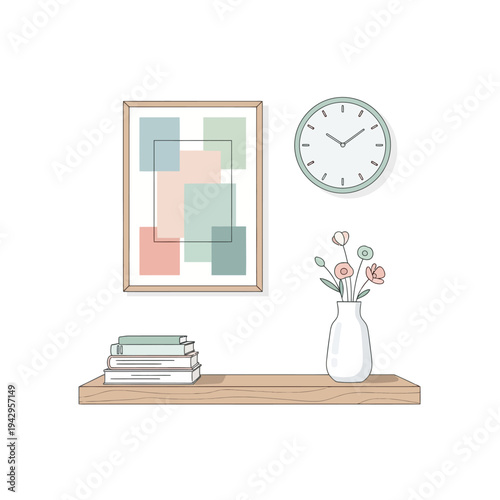 Minimalist wall decor: abstract art, books, vase with flowers, and clock on shelf