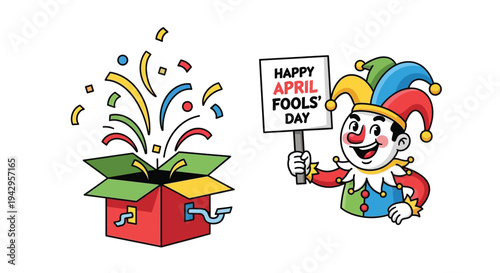 Happy april fools day illustration with jester and jack in the box
