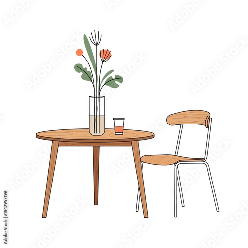 Minimalist wooden table with flowers and chair, simple Scandinavian interior design