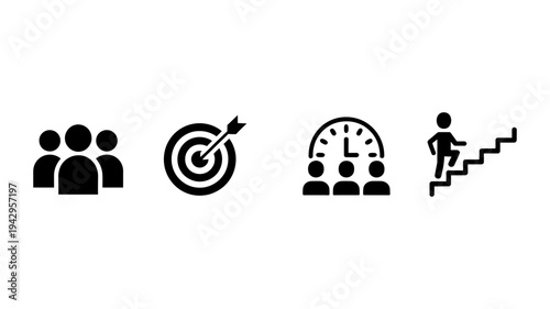 A dynamic set of icons illustrating teamwork, goal achievement, time management, and career progression.