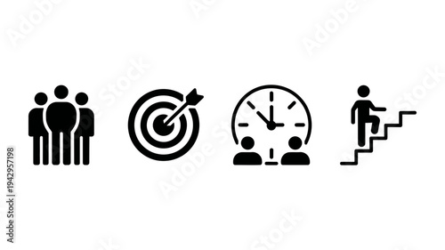 Essential business and personal development concepts conveyed through teamwork, goals, time, and progress icons.