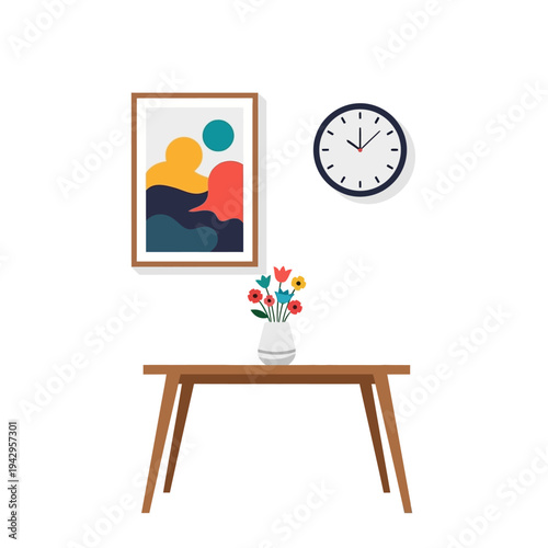 Modern Interior: Abstract Art, Flowers, Clock, and Table