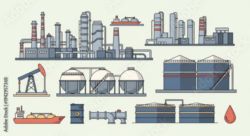 Industrial oil and gas refinery complex with storage tanks and equipment.