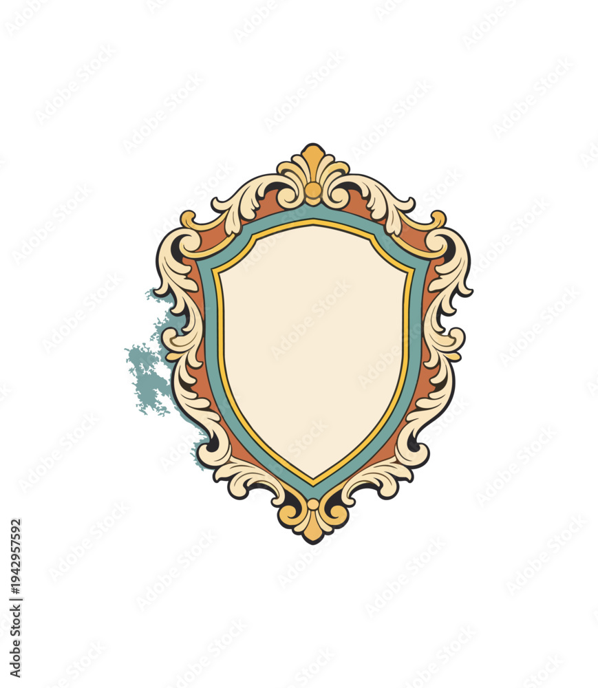 Obraz premium Ornate shield emblem with scrollwork design on black background