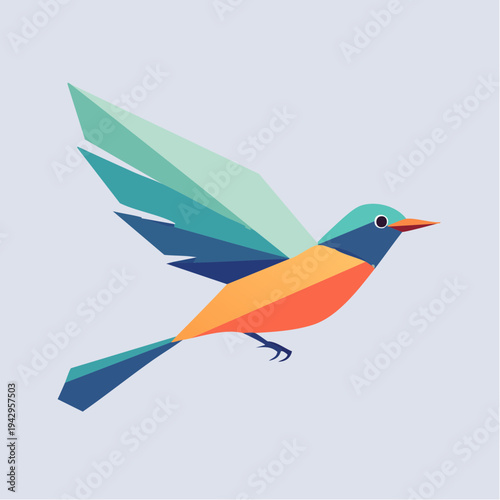 Modern geometric bird in dynamic flight, a vibrant abstract illustration featuring colorful polygonal shapes for a contemporary avian design