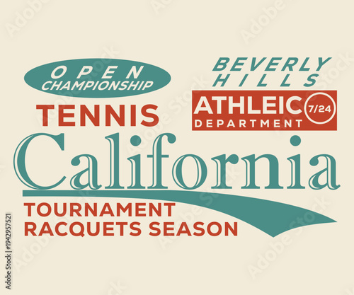 Beverly Hills Open Tennis Championship Tournament Racquet Season Athletic Department slogan tee typography print design. Vector t-shirt graphic or other uses. 