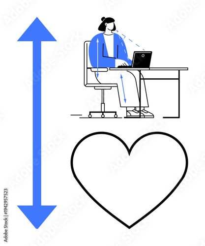 Workplace ergonomics. Proper desk posture promotes health and productivity. Workplace ergonomics supports physical health. Useful for wellness, corporate training, education, healthcare visuals