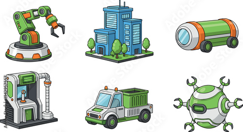 Industrial robotics and smart factory technology vector set with robotic arm, automated truck, machine unit and futuristic robot devices for automation engineering