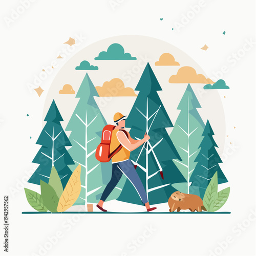 Happy hiker with backpack and poles walking through a vibrant green forest with a dog