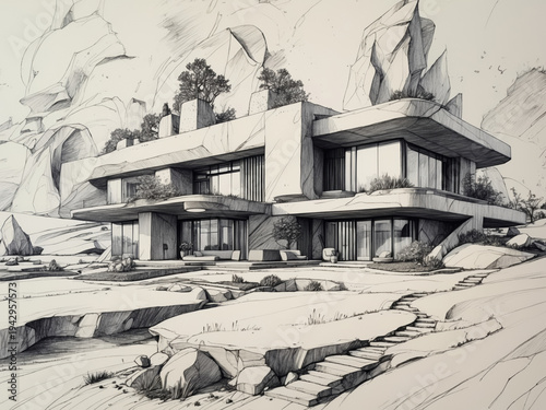 Modern futuristic villa sketch features large glass panoramic windows. Pencil drawing depicts a contemporary architectural concept integrated into a rocky landscape with trees.