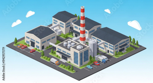 Industrial Factory Building with Chimney.