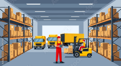 Illustration of a warehouse worker standing beside a forklift with stacked boxes on shelves in a large storage room.