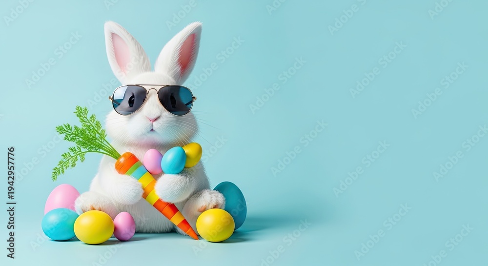 Obraz premium Ester day bunny with sunglasses and colorful eggs