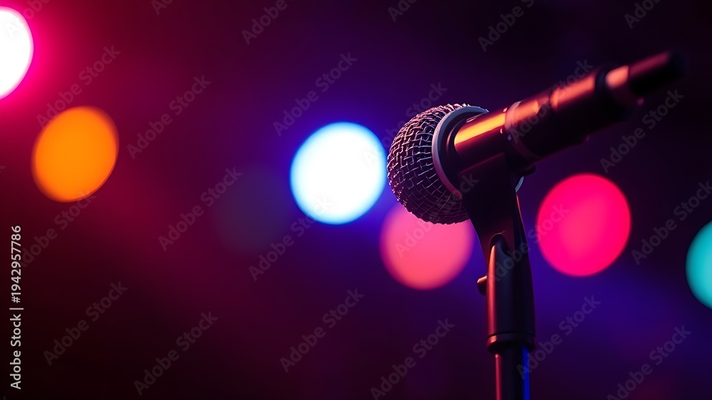 Obraz premium A close-up of a stage microphone with vibrant bokeh lights, creating a dramatic musical atmosphere. event programs, museum guides, designed for cultural heritage projects and event programs.