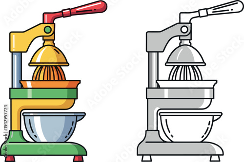 Manual citrus juicer machine vector illustration set with hand press orange squeezer and bowl, kitchen fruit juice extractor equipment isolated for cooking and beverage preparation