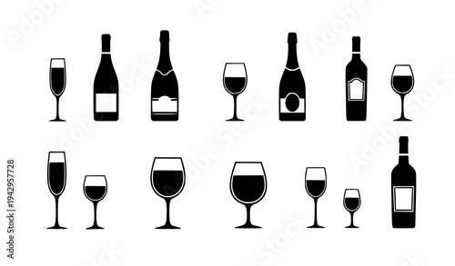 Wine Bottle and Wine Glass Silhouette Icon Set Vector Collection for Bar Restaurant Beverage Design
