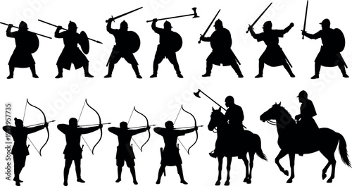 Medieval warrior and archer silhouettes with swords, shields, bows and mounted knight on horse, historical battle fighters vector set for ancient warfare illustration