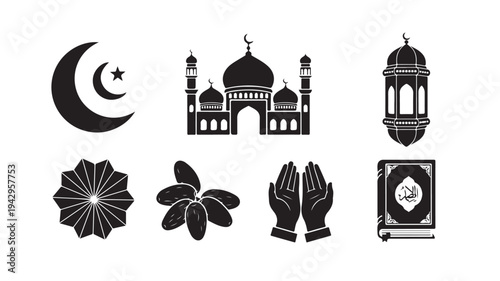 Ramadan Kareem icons set in black silhouette style for Islamic holiday greeting card in dark minimalist lighting for religious and cultural use