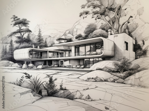 Modern futuristic villa sketch features large glass panoramic windows. Pencil drawing depicts a contemporary architectural concept integrated into a rocky landscape with trees.