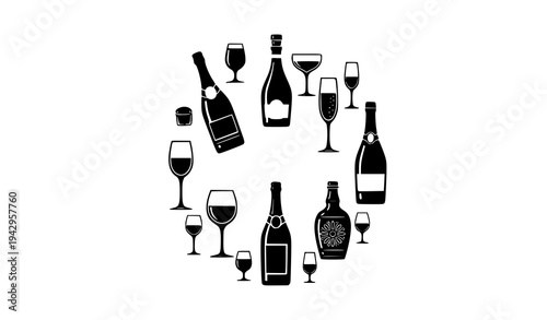 Minimal Wine Bottle and Drinking Glass Silhouette Icons in Circular Layout Vector Illustration