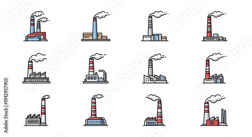 Collection of Industrial Factory Chimneys Emitting Smoke.