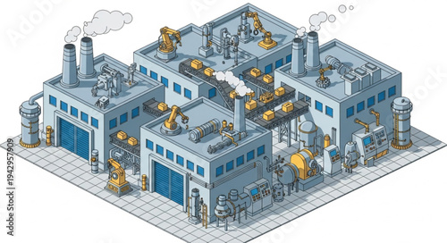 Industrial Factory Building with Machinery.