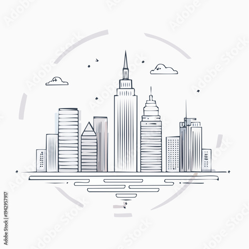 Minimalist line art illustration of a contemporary urban cityscape with tall skyscrapers and reflections, architectural design