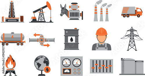 Oil and gas industry icons set with drilling rig pumpjack refinery tanker truck power line engineer and fuel equipment flat vector illustration collection