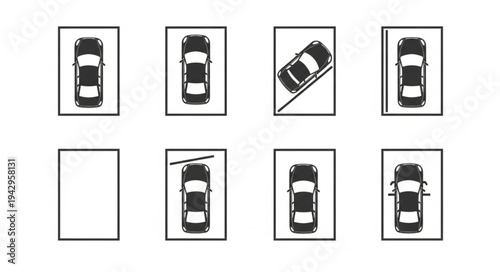 Various parking scenarios for cars shown from above.