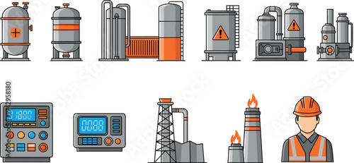 Oil refinery and petrochemical industry equipment vector set with storage tanks, processing units, flare stacks, control panels and engineer worker for energy production