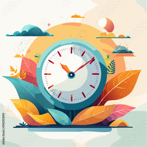 Whimsical Clock Illustration with Autumnal Leaves and Cloudy Sky