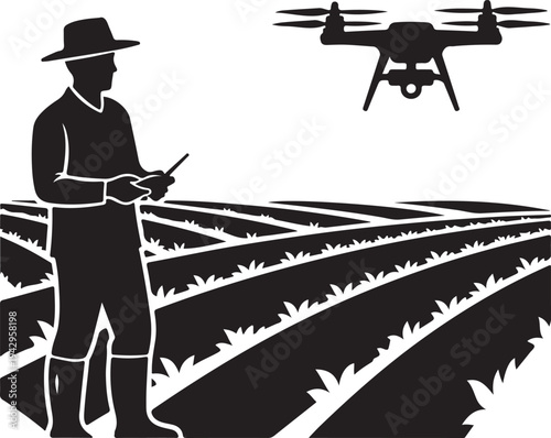 Farmer operating a drone over fields a striking black design silhouette high quality