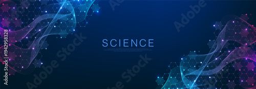 Molecular abstract structure and genetic engineering DNA. Healthcare and medicine background concept. Scientific research background. Wave flow. Innovation pattern. Vector illustration.