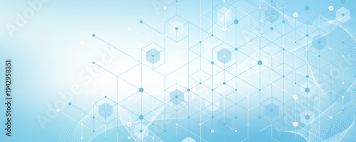 Modern health care or medical background design. Health care innovation concept. Horizontal header web banner. Abstract geometric background with hexagon shapes for medicine, science, chemistry.