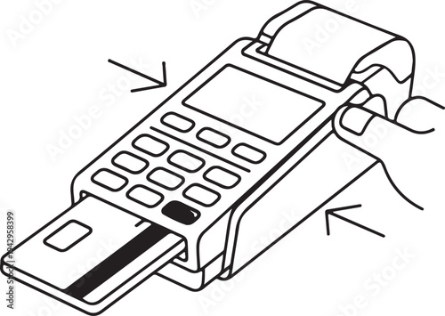 A hand inserting a card into a pos terminal outlined silhouette high quality