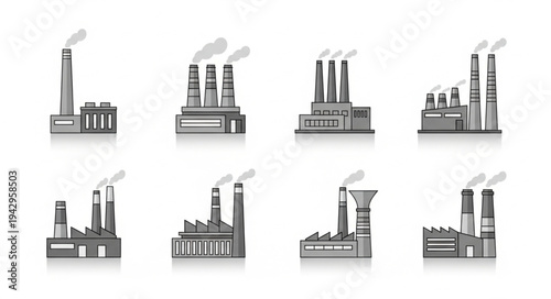 Collection of Industrial Factory Buildings with Smoke Stacks.